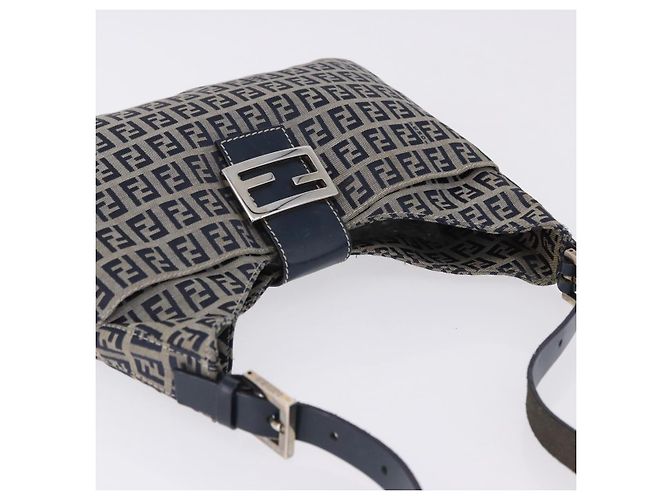 Sac à épaule FENDI Zucchino Canvas Mamma Baguette Navy Silver Auth 199586V Argenté Bleu Marine - vue 6