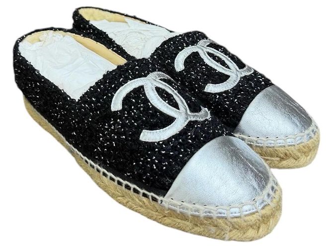 Chanel Espadrillas in Tweed e Pelle d'Agnello Metallizzata CC - Nero/Argento - vista 6