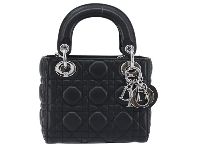 Borsa a mano Christian Dior Lady Dior in pelle d'agnello 2way Nero Argento Auth BA14814SM - vista 2