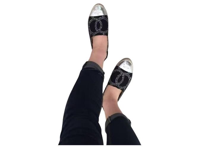 Espadrillas Chanel CC in Tweed e Pelle di Agnello Metallizzata - Nero/Argento - vista 6