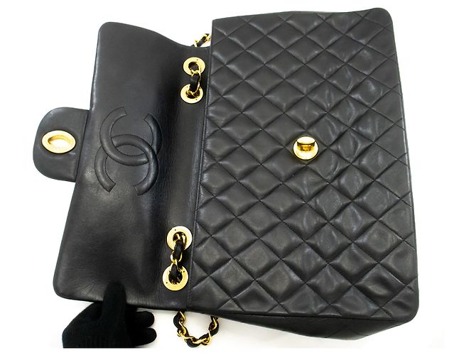 Bolsa de Ombro CHANEL Classic Large 13" Flap Chain em pele de cordeiro preta Preto - vista 11