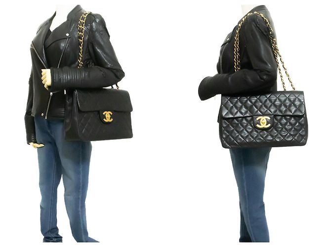 Bolsa de Ombro CHANEL Classic Large 13" Flap Chain em pele de cordeiro preta Preto - vista 12