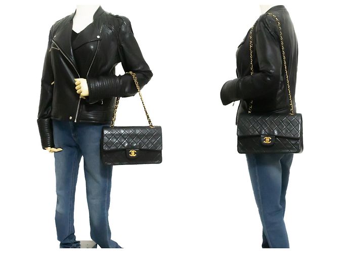 CHANEL Classic Double Flap 10" Borsa a tracolla con catena in pelle d'agnello nera Nero - vista 12
