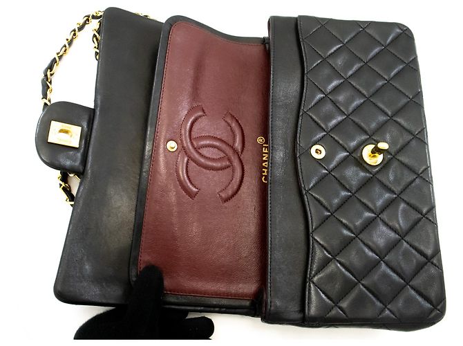 CHANEL Classic Double Flap 10" Borsa a tracolla con catena in pelle d'agnello nera Nero - vista 11