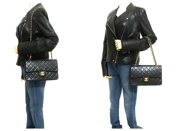 CHANEL Classic Double Flap 10" Borsa a tracolla con catena in pelle d'agnello nera Nero - vista 12