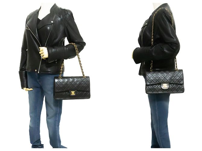 Bolsa de Ombro CHANEL Classic Double Flap 10" em pele de cordeiro preta Preto - vista 12