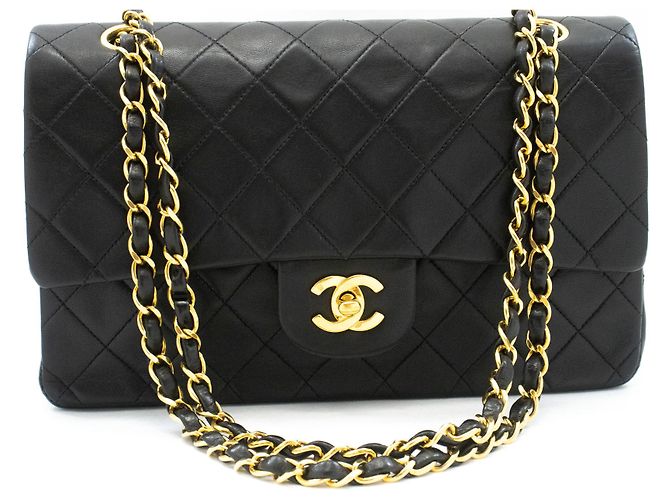 Bolsa de Ombro CHANEL Classic Double Flap 10" em pele de cordeiro preta Preto - vista 2