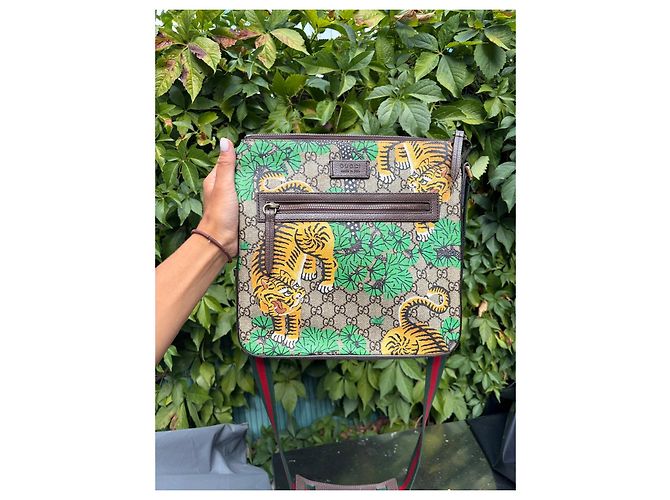 Borsa a Tracolla Gucci GG Supreme Bengal Tiger Marrone Rosso Verde - vista 7