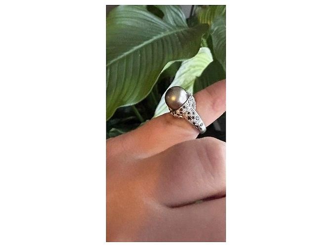 Anello Mauboussin Perla Grigia e Diamanti Bianco Grigio Silver hardware - vista 2