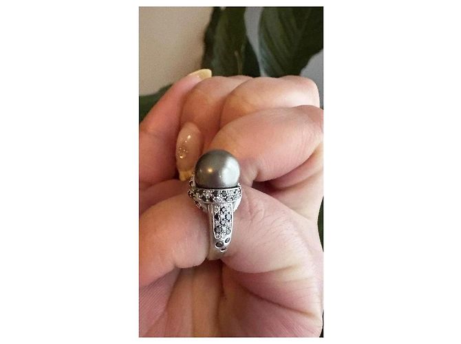Anello Mauboussin Perla Grigia e Diamanti Bianco Grigio Silver hardware - vista 3