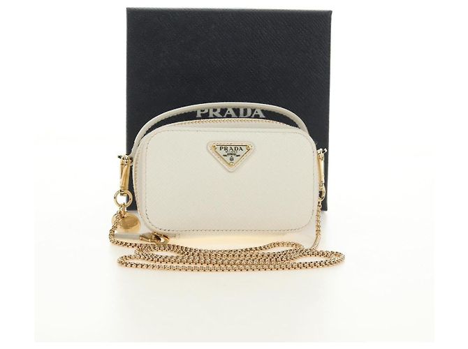 PRADA Chain Shoulder Mini Bag Safiano leather White Gold - vista 12