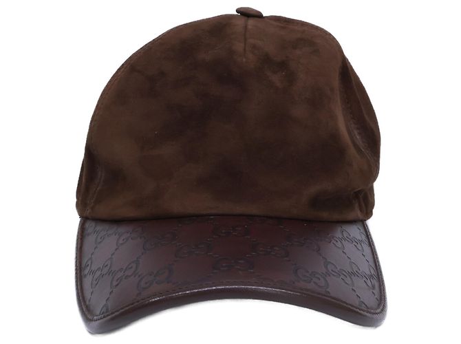 Cappello Gucci in pelle e camoscio con logo GG in rilievo Marrone scuro - vista 2