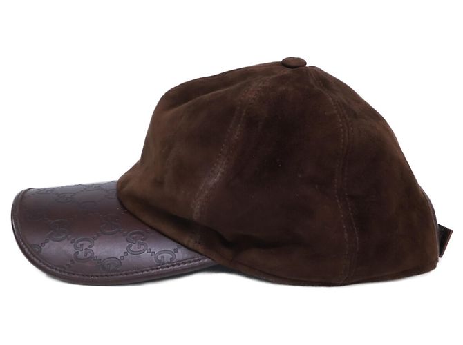 Cappello Gucci in pelle e camoscio con logo GG in rilievo Marrone scuro - vista 3