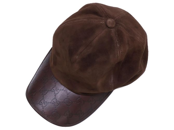 Cappello Gucci in pelle e camoscio con logo GG in rilievo Marrone scuro - vista 6