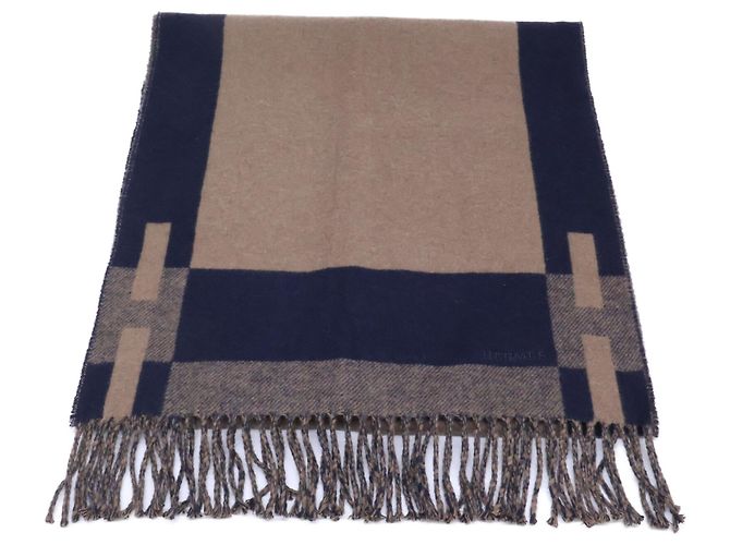 Hermès Sciarpa Stole HERMES H Passant in Cashmere con Frange Marrone - vista 2