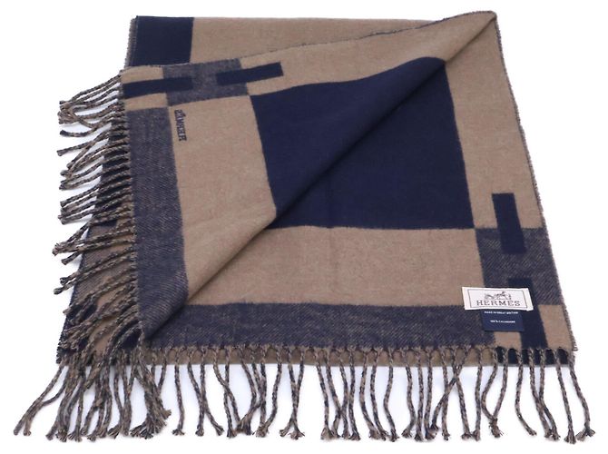 Hermès Sciarpa Stole HERMES H Passant in Cashmere con Frange Marrone - vista 4