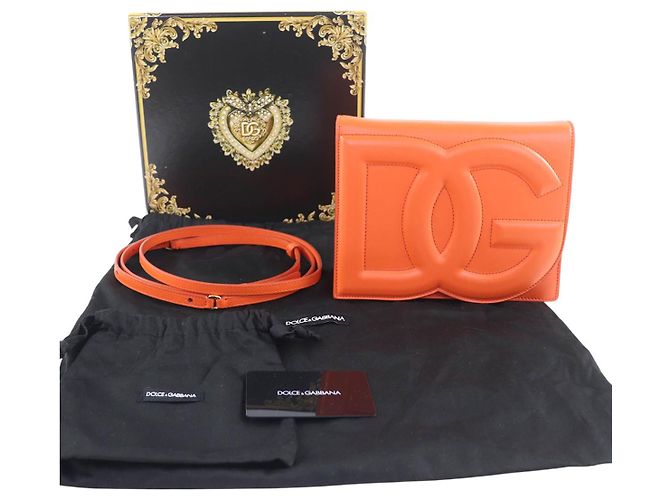 Borsa a tracolla con patta Dolce & Gabbana in pelle arancione con logo DG - vista 10