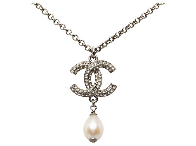 Collana con pendente Chanel Silver CC in ottone, strass e perle finte Argento - vista 2