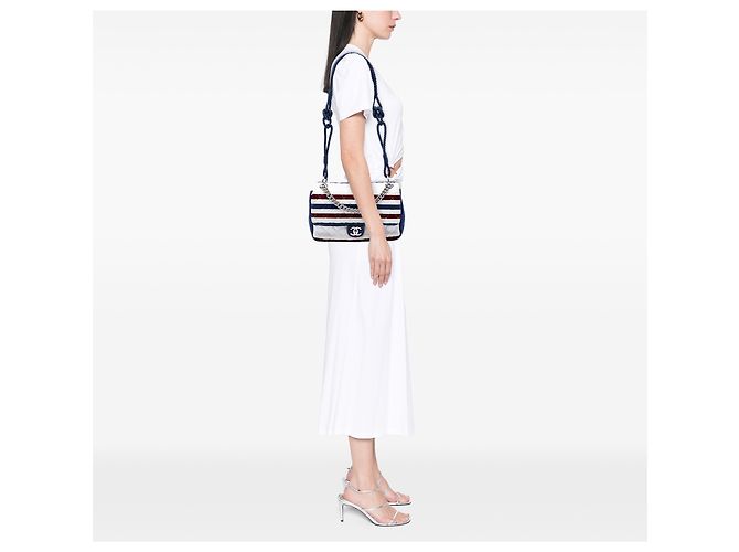 Chanel White Jumbo Stripe Jersey Felt and Rope Flap Bianco - vista 6