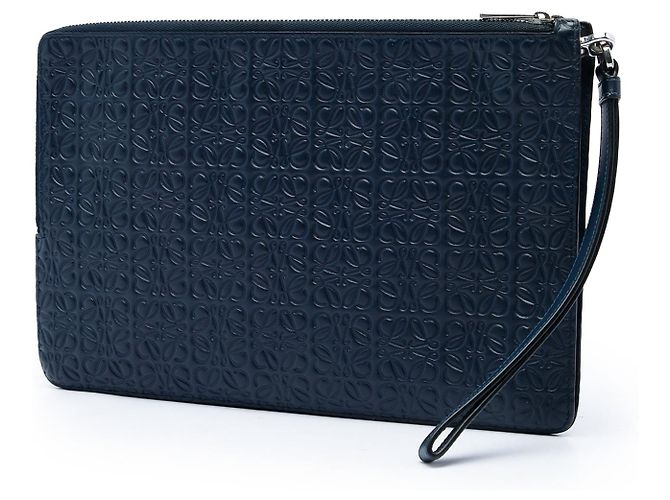Pouch doppia piatta LOEWE in vitello blu con Anagram embossed Repeat Blu navy - vista 2
