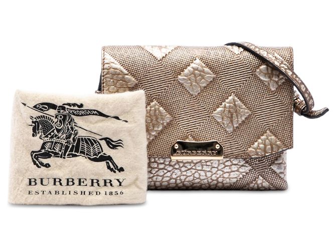 Burberry Gold Embossed Grain Check Leather Langley Crossbody Golden - view 7