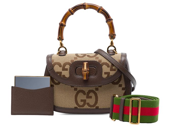 Bamboo Gucci 1947 Top Handle Bag aus beigem Jumbo GG Canvas mit Bambus und Web - Ansicht 7