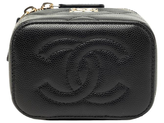 Mini Vanity Case Chanel in pelle Caviar matelassé nera con manico e catena Nero - vista 3