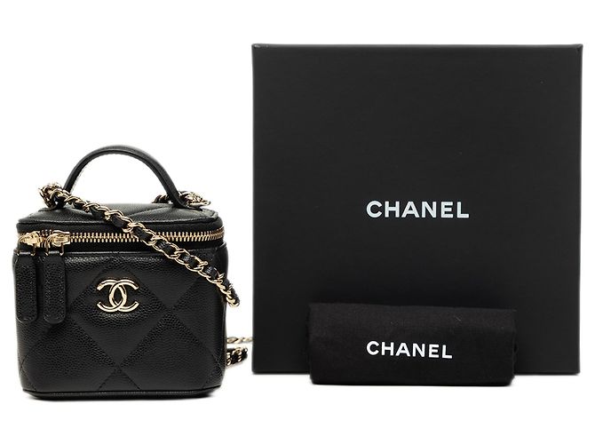 Mini Vanity Case Chanel in pelle Caviar matelassé nera con manico e catena Nero - vista 7