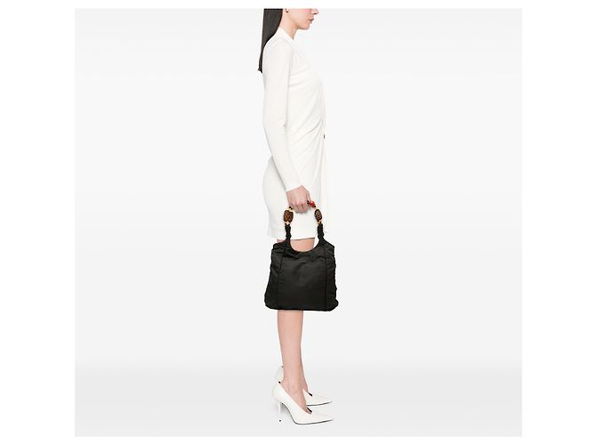 Borsa Hobo Prada in Tessuto nera con manico di perle Nero - vista 6