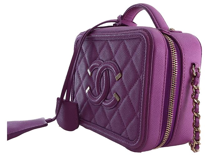 Chanel Vanity Case Piccolo CC Filigree in Pelle Caviar Viola Porpora - vista 9