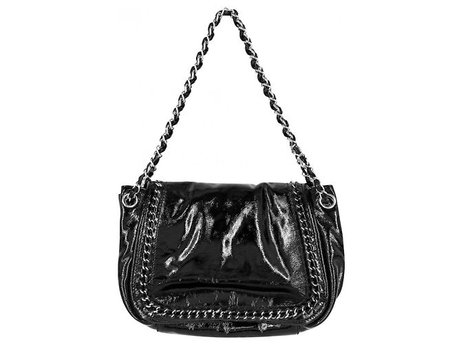 Borsa a tracolla Chanel in pelle verniciata Nero Bianco - vista 2