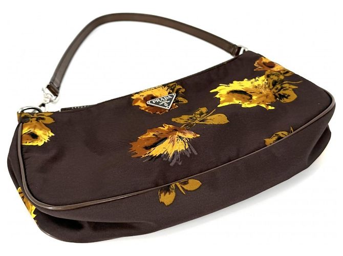 Borsa Prada floreale in nylon e pelle marrone giallo - vista 3
