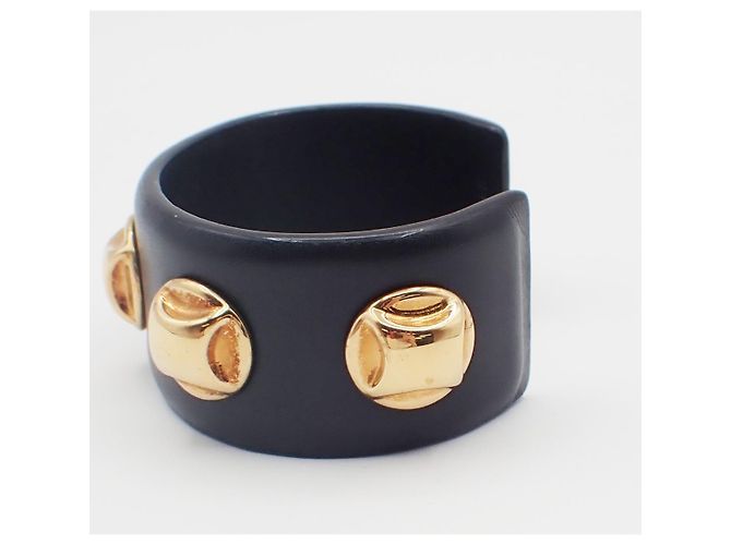 Céline Celine Bracciale rigido con borchie in pelle e metallo placcato Nero - vista 3