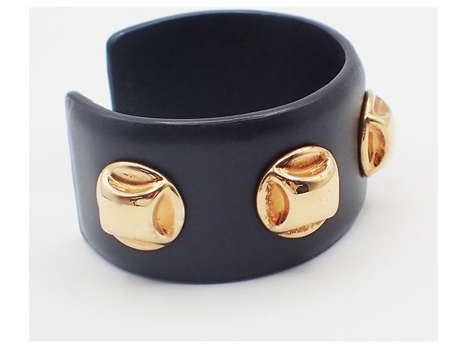 Céline Celine Bracciale rigido con borchie in pelle e metallo placcato Nero - vista 4