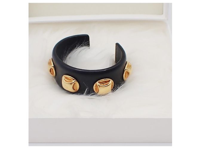 Céline Celine Bracciale rigido con borchie in pelle e metallo placcato Nero - vista 5