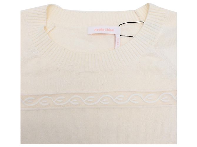 See by Chloé Pullover mit Hemdärmeln und gewellten Akzenten aus cremefarbener Baumwolle Weiß Roh - Ansicht 5