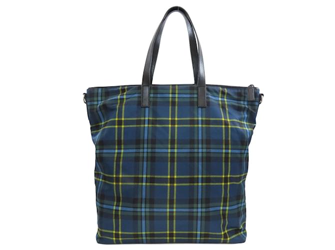 Prada Checkered 2-Way Tote Bag Blau Gelb - Ansicht 2