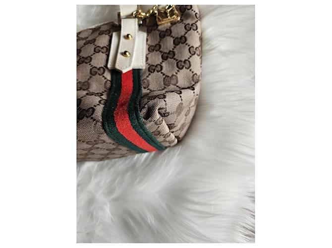 Mini Borsa Gucci GG Monogram in canvas con strisce Web Marrone Bianco Rosso Verde - vista 3
