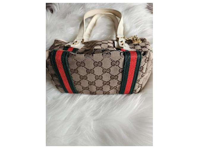 Mini Borsa Gucci GG Monogram in canvas con strisce Web Marrone Bianco Rosso Verde - vista 4