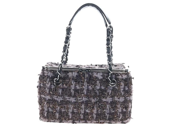 CHANEL Paris New York Line Chain Vanity Bag Tweed Gray Silver CC Auth 196581M Marrone Argento - vista 13