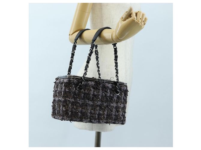 CHANEL Paris New York Line Chain Vanity Bag Tweed Gray Silver CC Auth 196581M Marrone Argento - vista 27