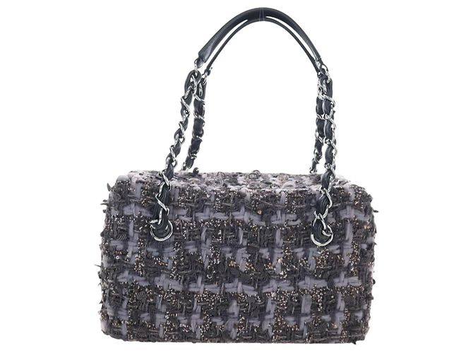 CHANEL Paris New York Line Chain Vanity Bag Tweed Gray Silver CC Auth 196581M Marrone Argento - vista 3