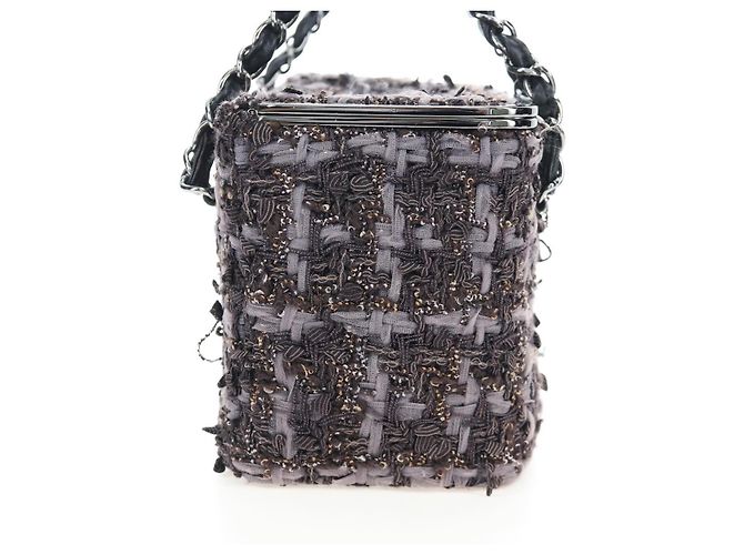 CHANEL Paris New York Line Chain Vanity Bag Tweed Gray Silver CC Auth 196581M Marrone Argento - vista 5