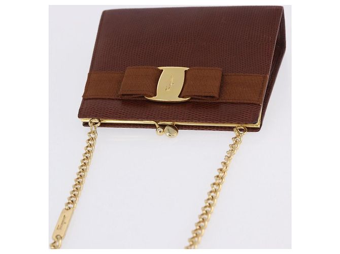 Borsa a tracolla Salvatore Ferragamo Vala Chain in pelle marrone e oro Auth 199629A D'oro - vista 7