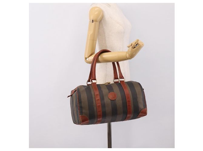Pequin Borsa Boston FENDI in tela Pecan PVC Nero Marrone Auth 197655 - vista 24