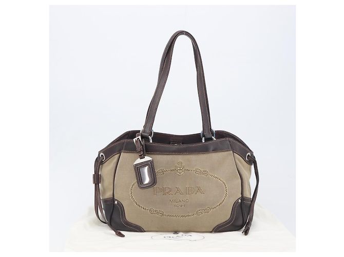 Sac Tote PRADA Canvas Jacquard Beige Silver Auth 199661V Argenté - vue 12