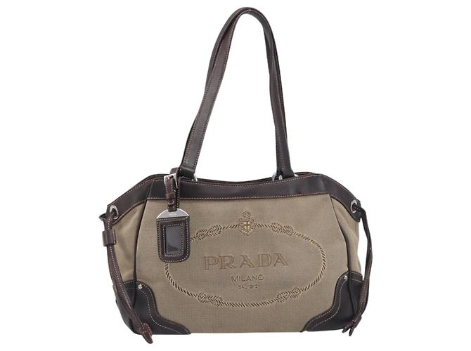 Sac Tote PRADA Canvas Jacquard Beige Silver Auth 199661V Argenté - vue 13