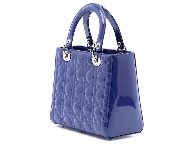 Borsa Lady Dior Medium in pelle vernice Cannage Blu - vista 2