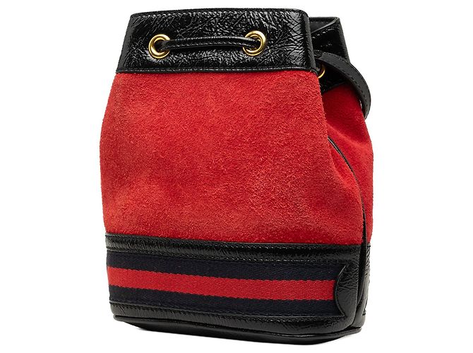 Mini borsa a secchiello Gucci Ophidia in suede e vernice rossa con Web Rosso - vista 2
