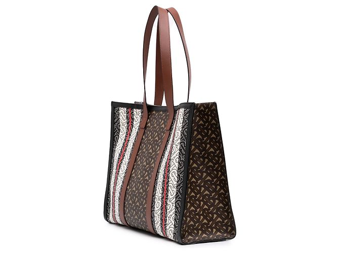 Borsa Book Tote Burberry TB Monogram E Canvas Stripe Marrone - vista 2
